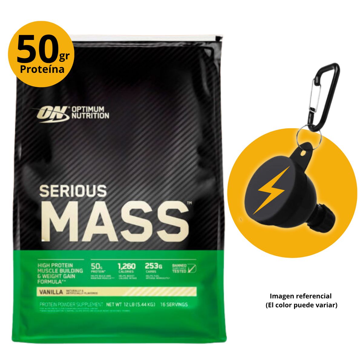 OPTIMUN NUTRITION - SERIOUS MASS 12LB VAINILLA + PORTASUPLEMENTOS - GANADOR MASA