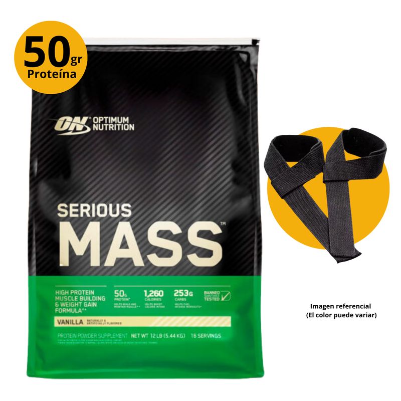 OPTIMUN NUTRITION - SERIOUS MASS 12LB VAINILLA + STRAPS - GANADOR MASA