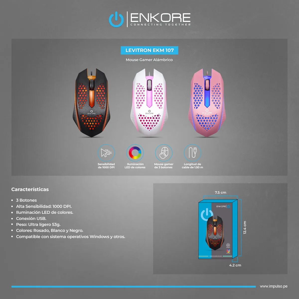 ENKORE - Mouse Gamer LED Alámbrico 1000DPI Rosado Enkore Levitron EKM 107P