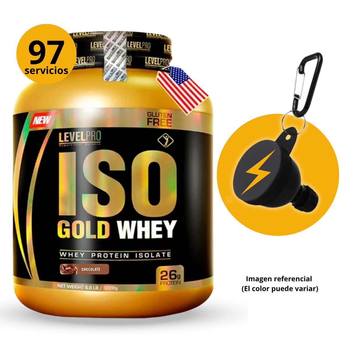 LEVEL PRO - ISO GOLD WHEY DE 3kg CHOCOLATE CON PORTASUPLES - PROTEÍNA ISOLATADA