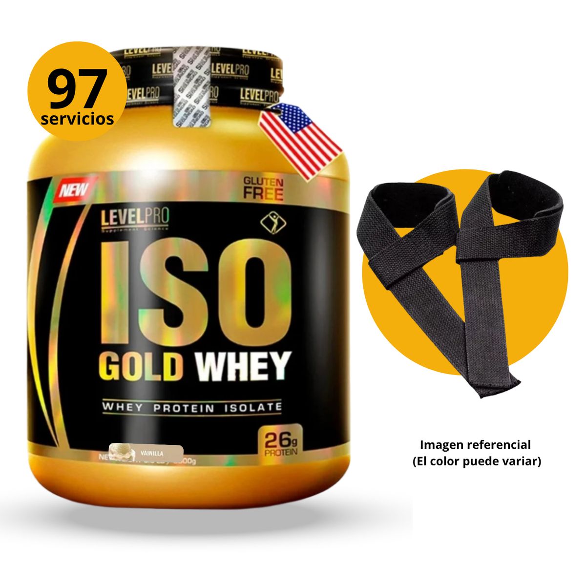 LEVEL PRO - ISO GOLD WHEY DE 3kg VAINILLA CON STRAPS - PROTEÍNA ISOLATADA