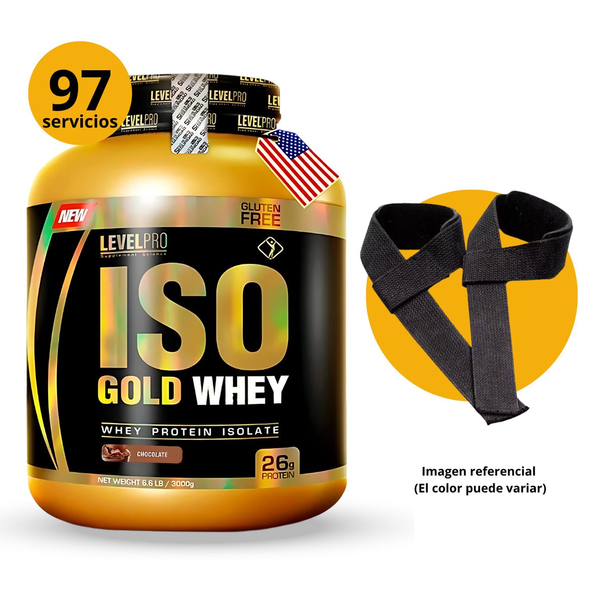 LEVEL PRO - ISO GOLD WHEY DE 3kg CHOCOLATE CON STRAPS - PROTEÍNA ISOLATADA