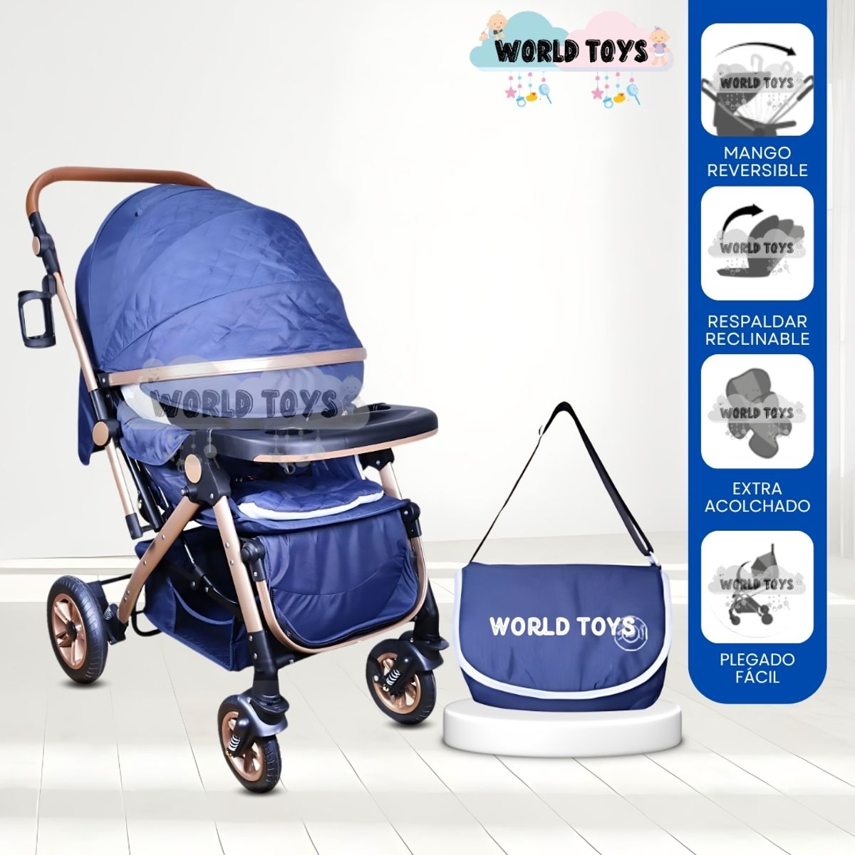 BABY - Coche Cuna de Lujo «BARCELONA» con Bolso Pañalero Blue
