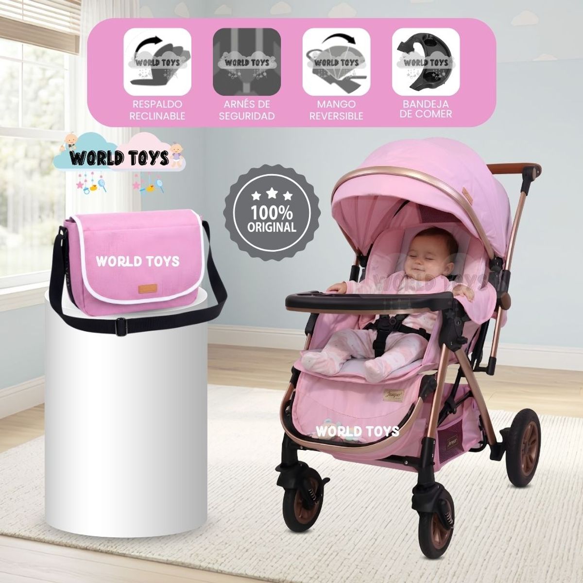 Baby - Coche Cuna de Lujo «BARCELONA» con Bolsa Pañalera Pink