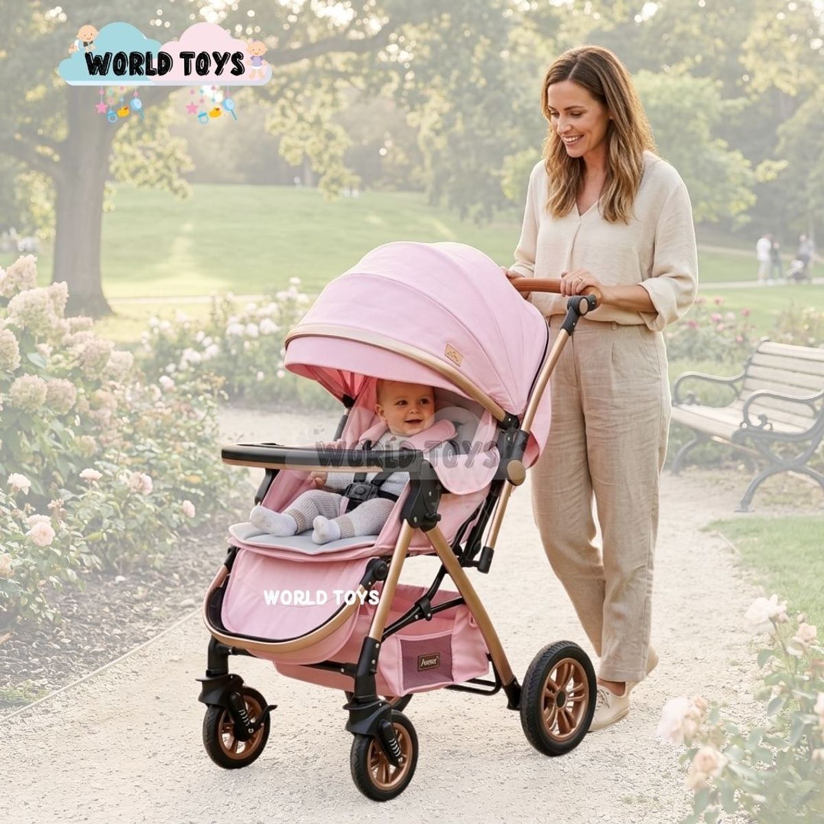 Baby - Coche Cuna de Lujo «BARCELONA» con Bolsa Pañalera Pink