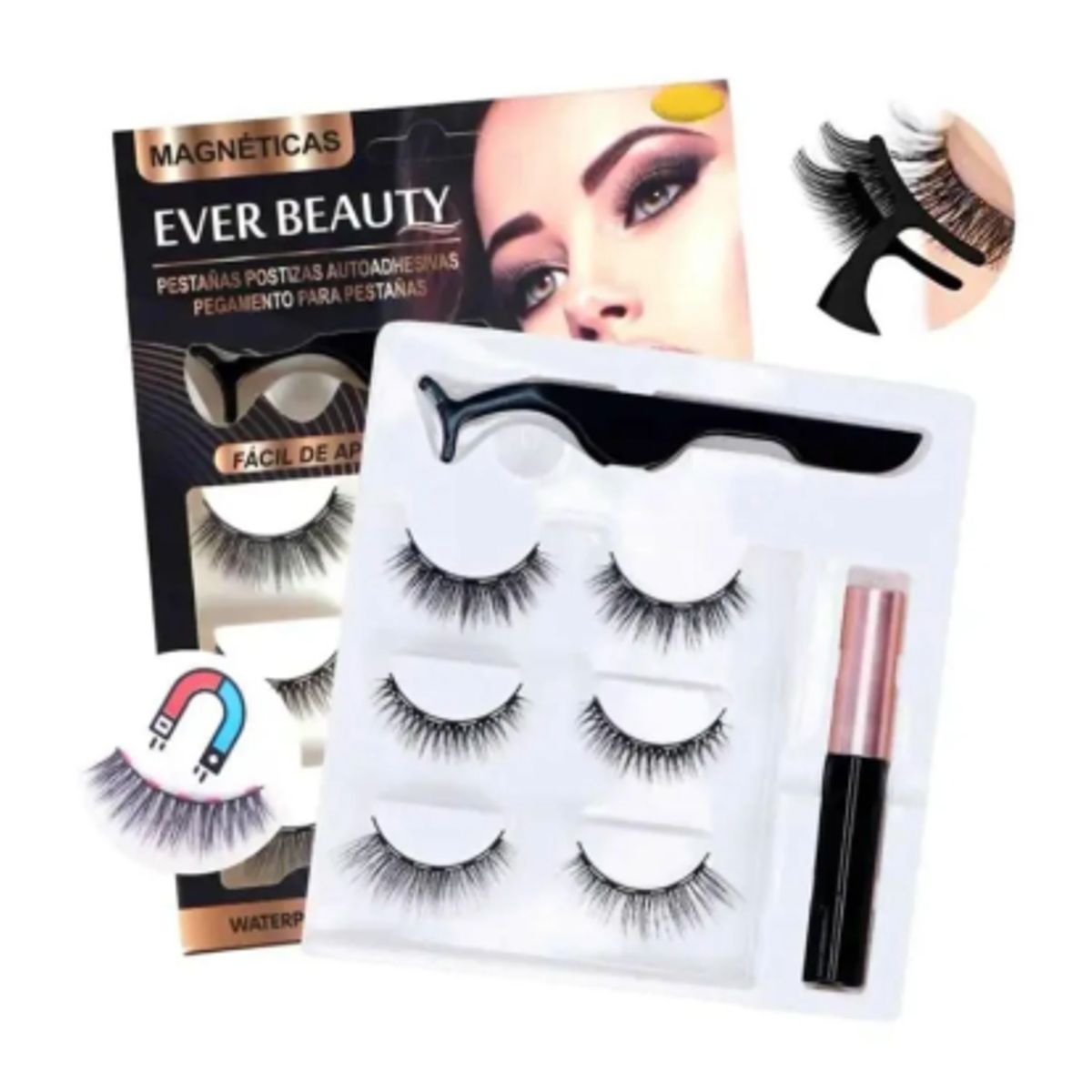 GENERICO - Pestañas Postizas Magneticas con pegamento EVER BEAUTY 6D
