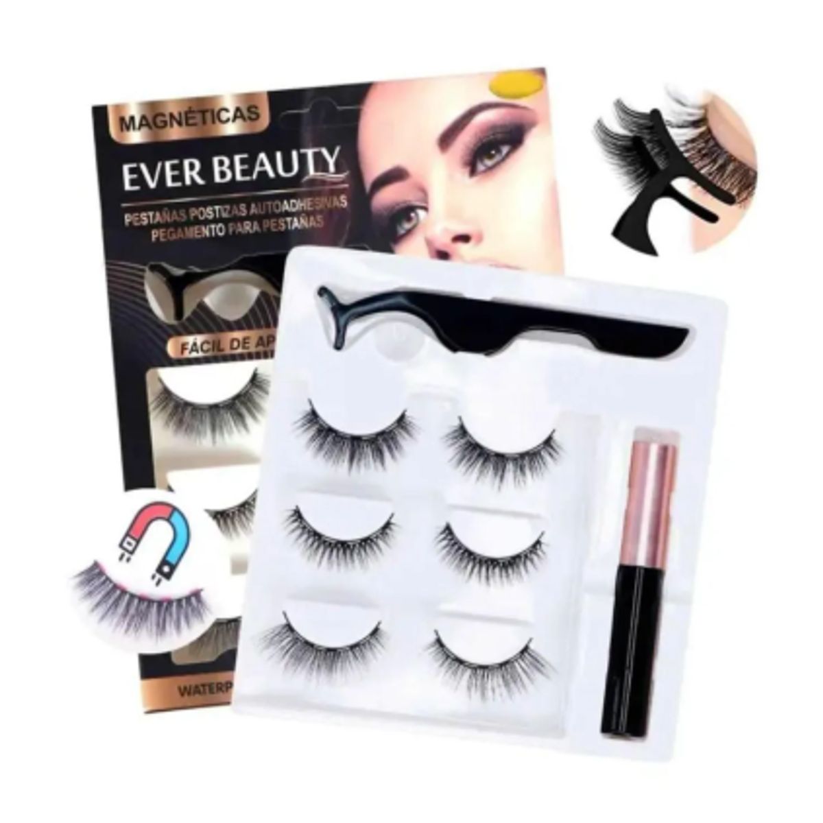 GENERICO - Pestañas Postizas Magneticas con pegamento EVER BEAUTY 6D