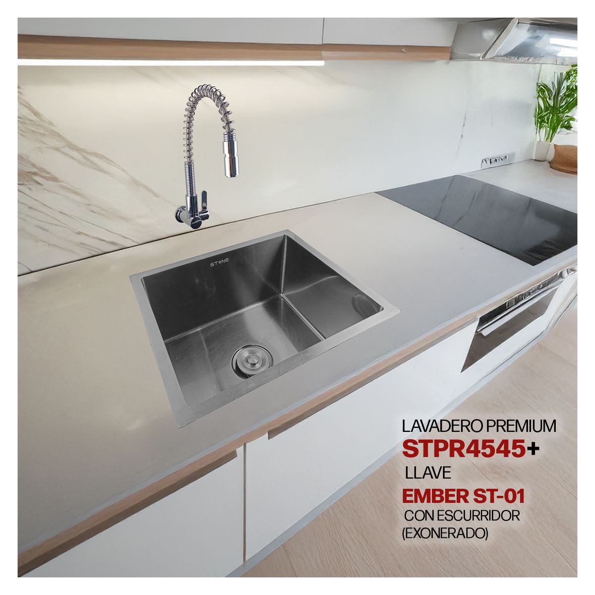 STONE - COMBO LAVADERO PREMIUM STPR4545 + LLAVE EMBER ST-01 CON ESCURRIDOR