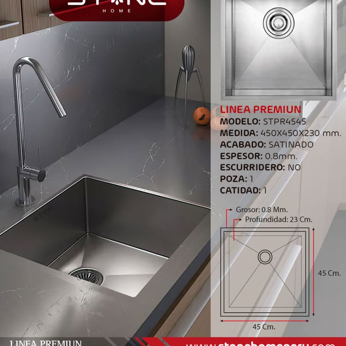 STONE - COMBO LAVADERO PREMIUM STPR4545 + LLAVE EMBER ST-01 CON ESCURRIDOR
