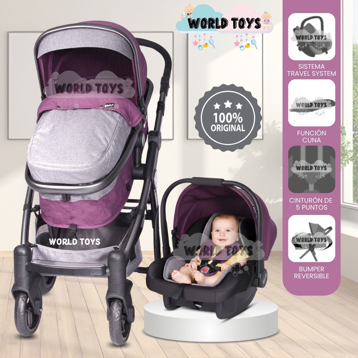 Baby - Coche Moisés Travel System «MILE» Porta Bebé Purple