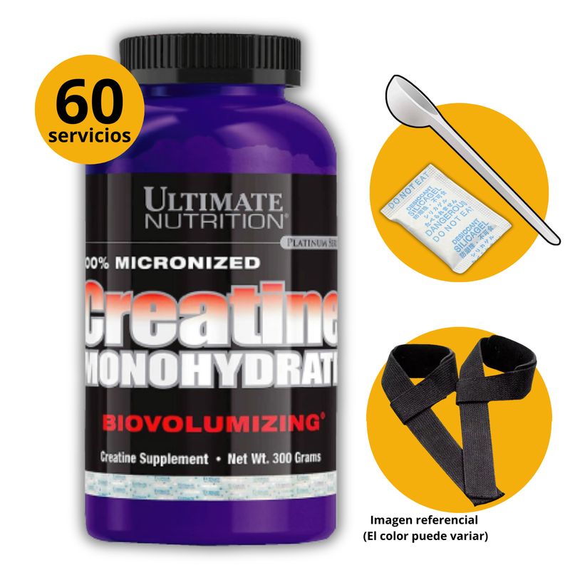 ULTIMATE NUTRITION - CREATINA ULTIMATE NUTRITION DE 300gr SCOOP GEL ANTIHUMEDAD Y STRAPS