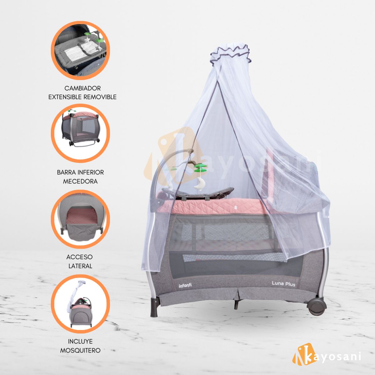INFANTI - Cuna Corral Plegable para Bebé «LUNA PLUS» Prink