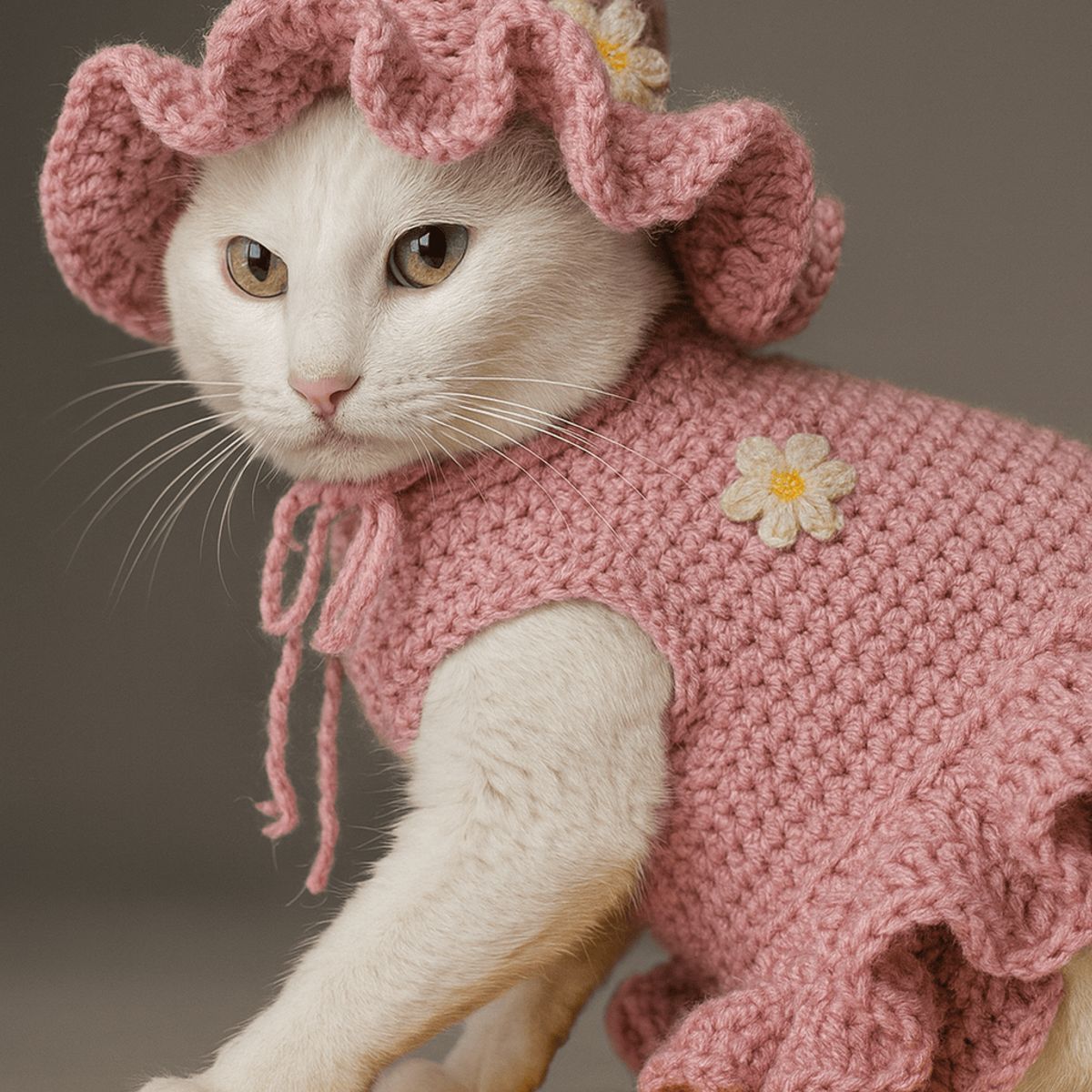 CAT - Vestido Artesanal Rosa Pastel con Sombrero para Gata M