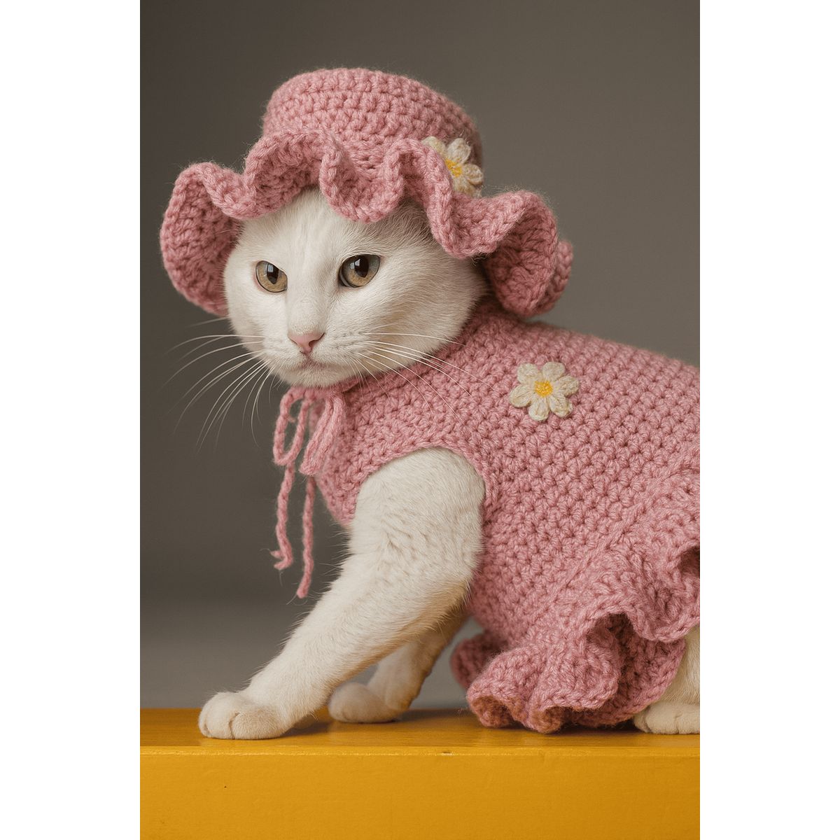 CAT - Vestido Artesanal Rosa Pastel con Sombrero para Gata M