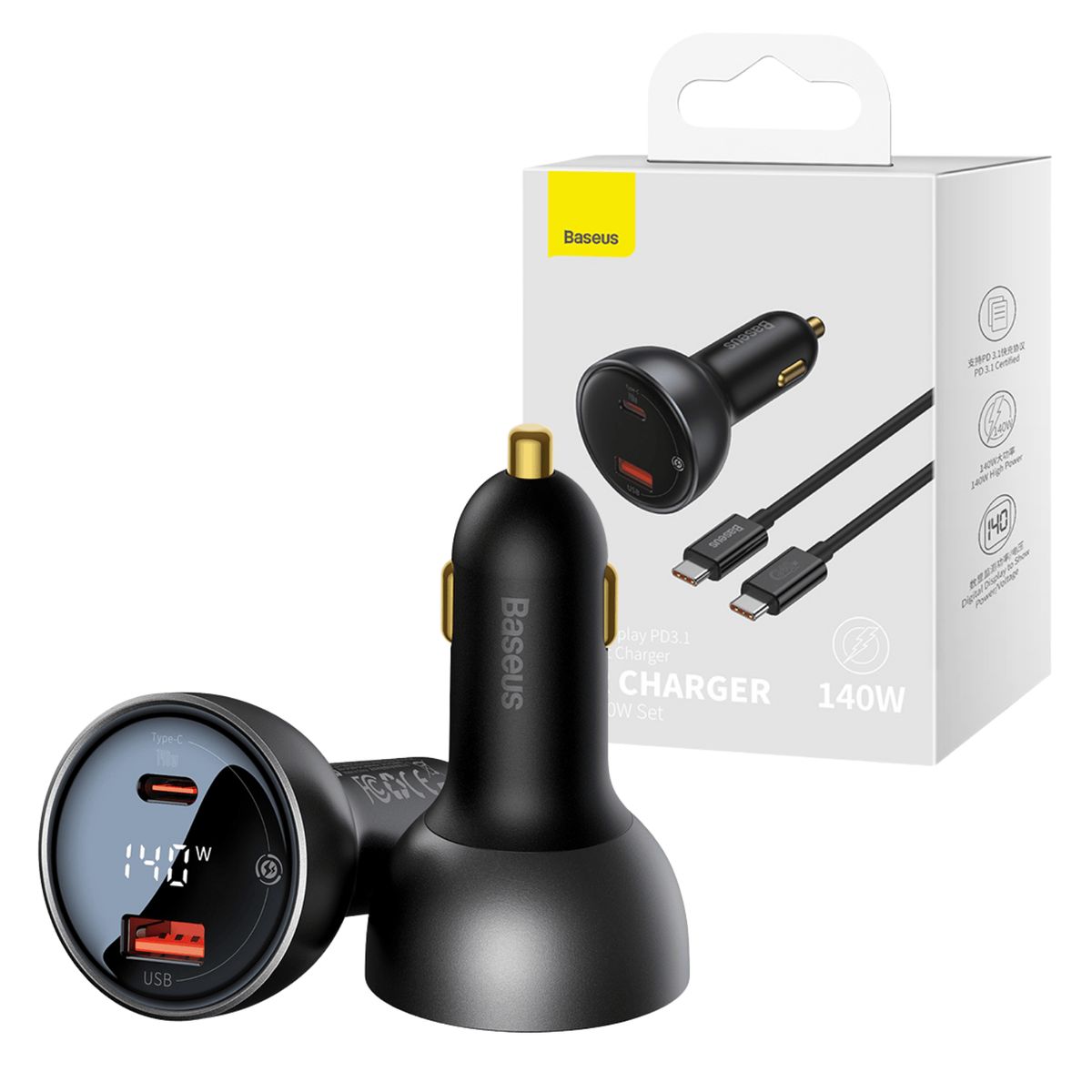 BASEUS - Cargador de Auto Carga Rápida 140 W PD 3.1 + Cable 1 M