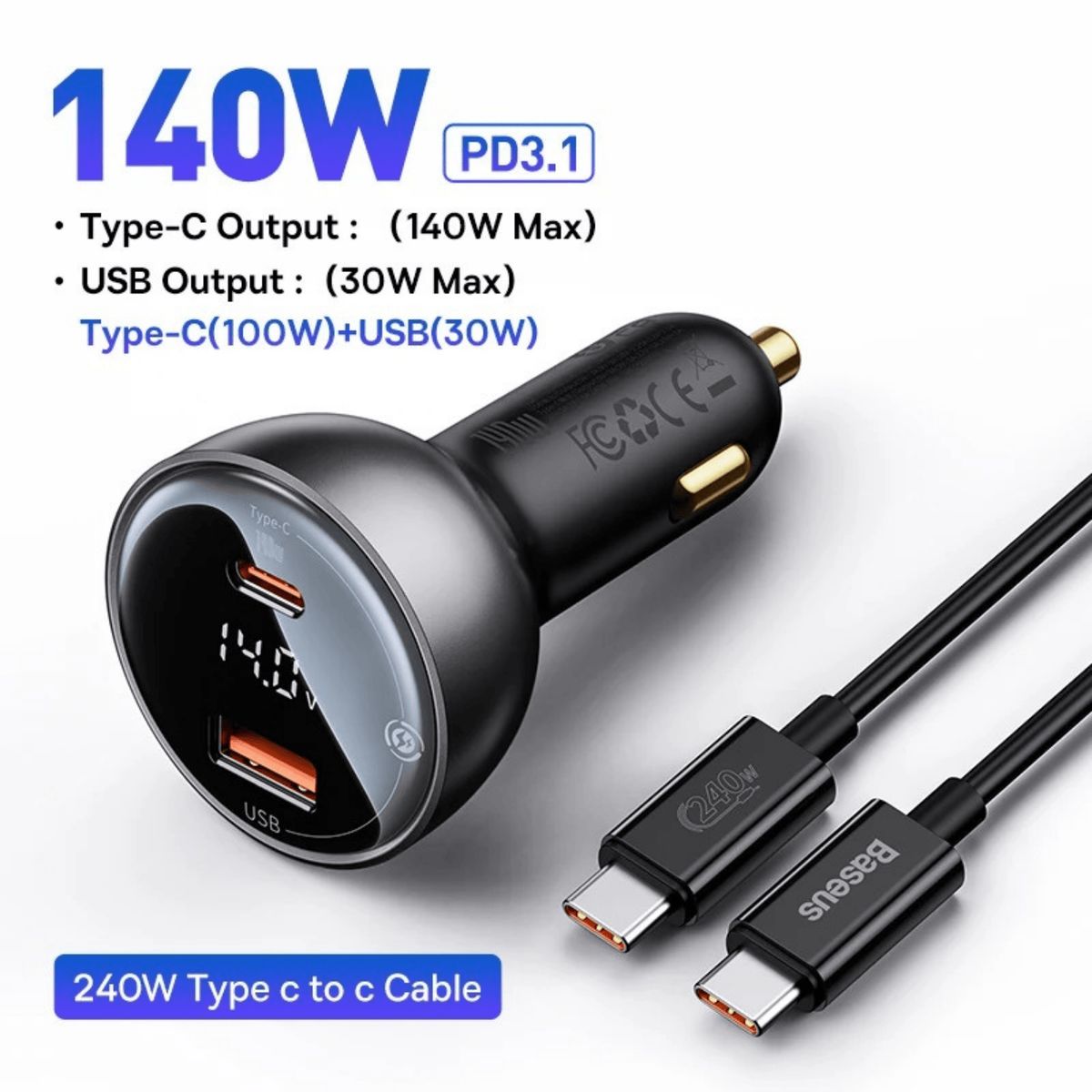 BASEUS - Cargador de Auto Carga Rápida 140 W PD 3.1 + Cable 1 M