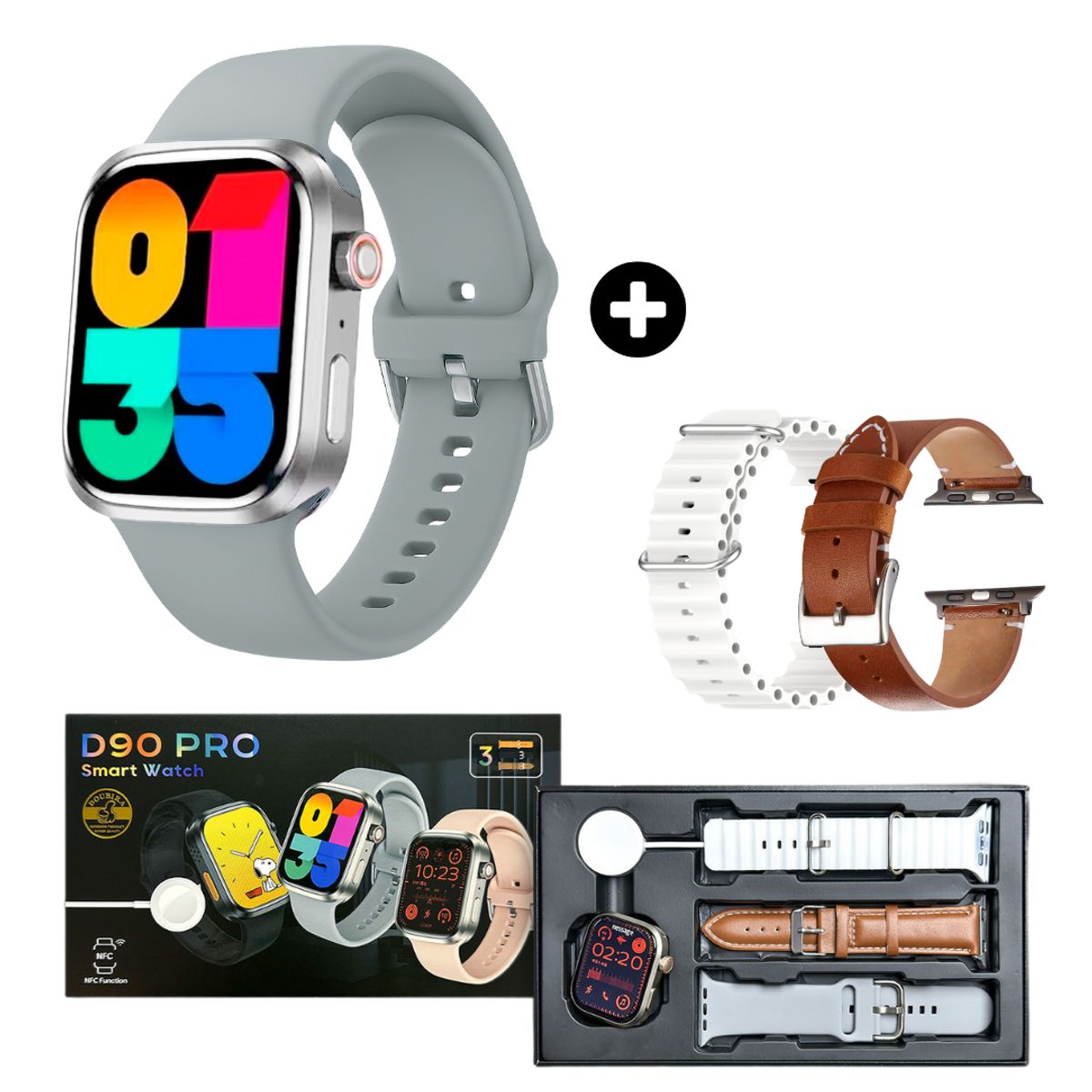 GENERICO - Smartwatch D90 Pro + 3 correas - Gris