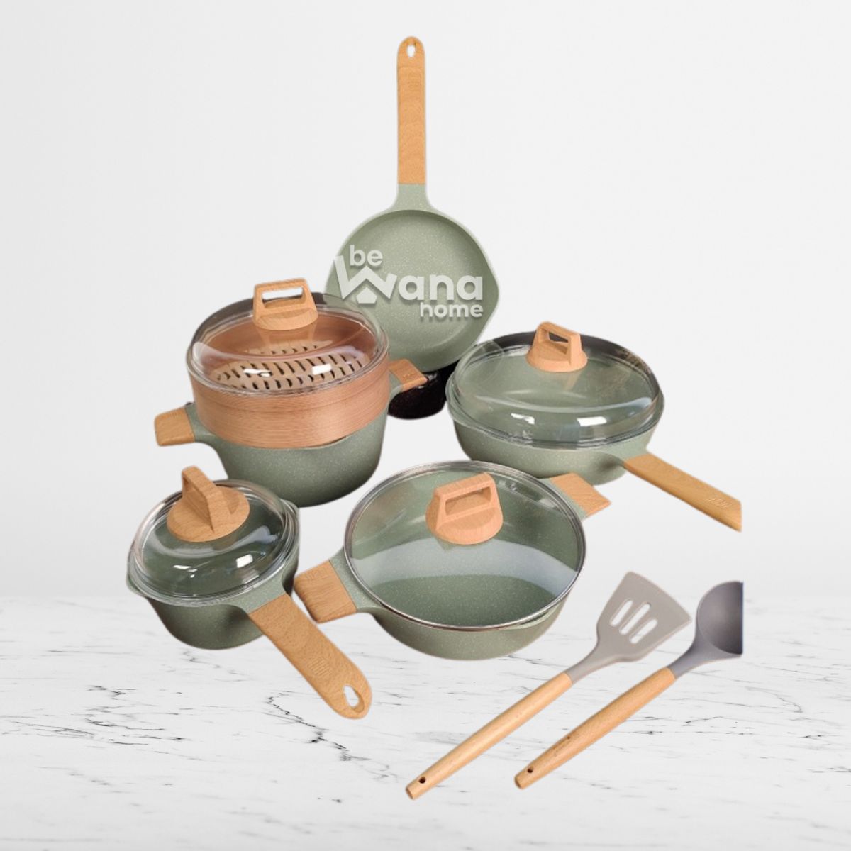 OEM - Set Ollas Roca Volcánica Antiadherente con Vaporizador Bambú 13pcs VERDE - MGC