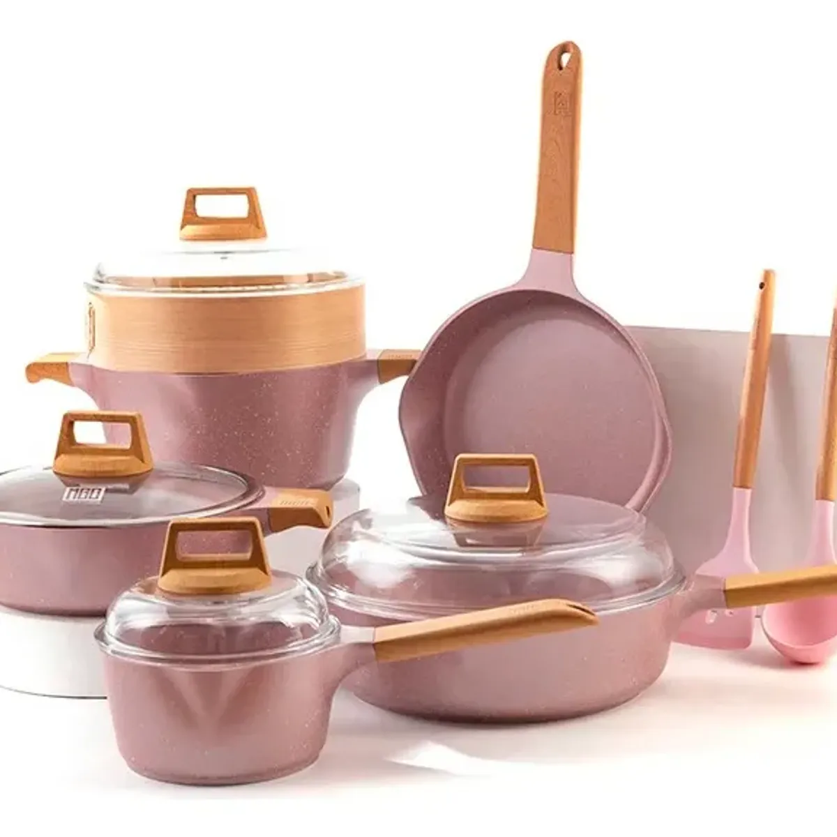 OEM - Set Ollas Roca Volcánica Antiadherente con Vaporizador Bambú 13pcs ROSA- MGC