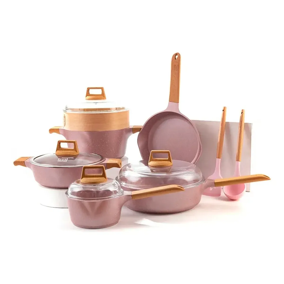 OEM - Set Ollas Roca Volcánica Antiadherente con Vaporizador Bambú 13pcs ROSA- MGC