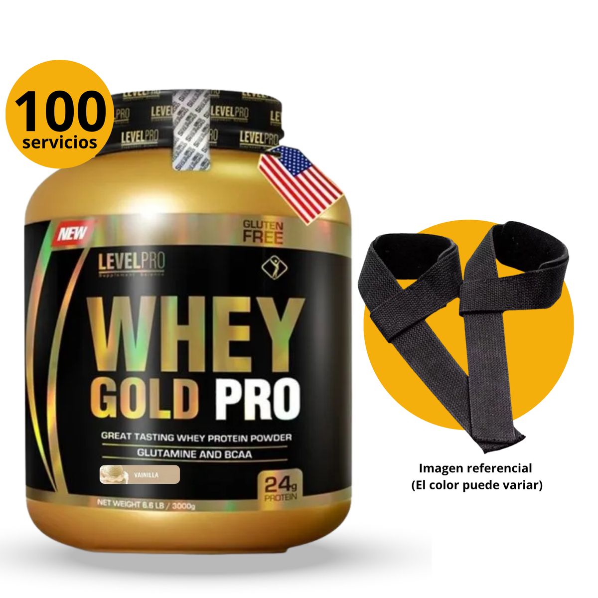 LEVEL PRO - WHEY GOLD PRO DE 3kg VAINILLA CON STRAPS - PROTEÍNA WHEY