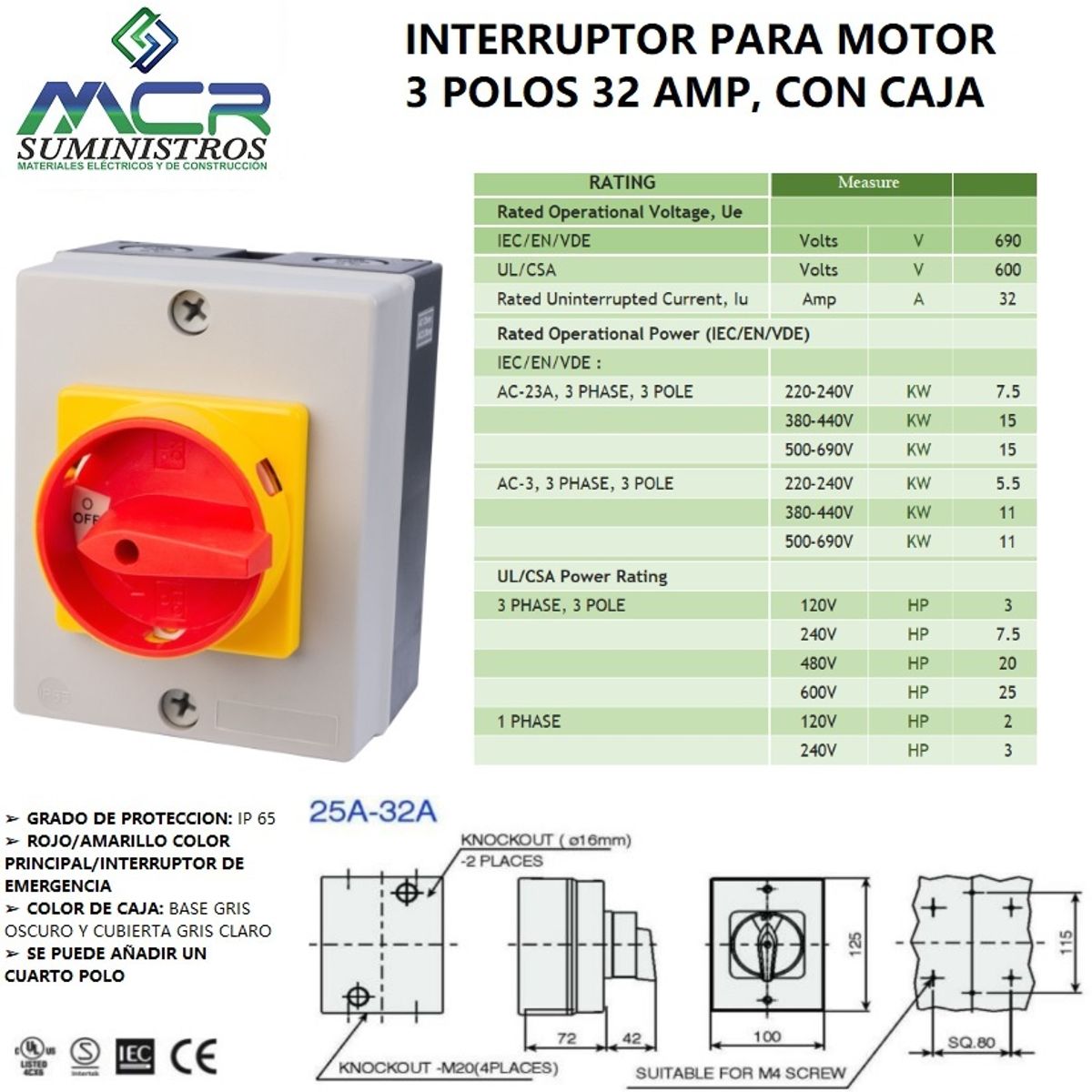 GENERICO - SECCIONADOR O INTERRUPTOR PARA MOTOR 3 POLOS, 32 AMP, CON CAJA