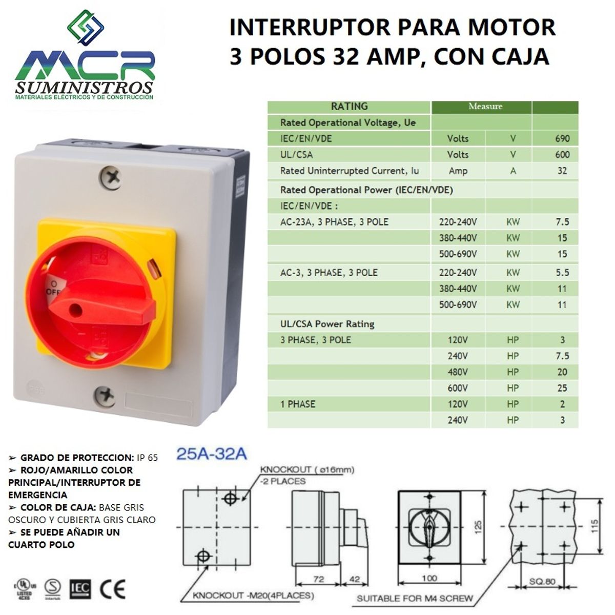 GENERICO - SECCIONADOR O INTERRUPTOR PARA MOTOR 3 POLOS, 32 AMP, CON CAJA