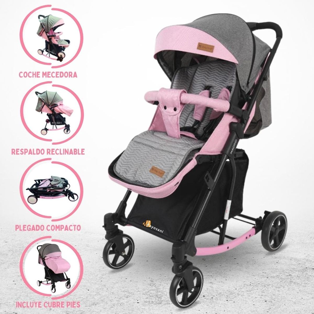 BABY HAPPY - Coche Cuna Mecedora para Bebés «MADRID» Light Pink