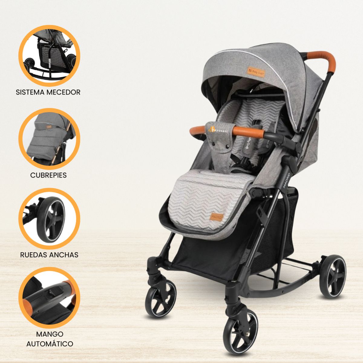BABY HAPPY - Coche Cuna Mecedora para Bebés «MADRID» Gray