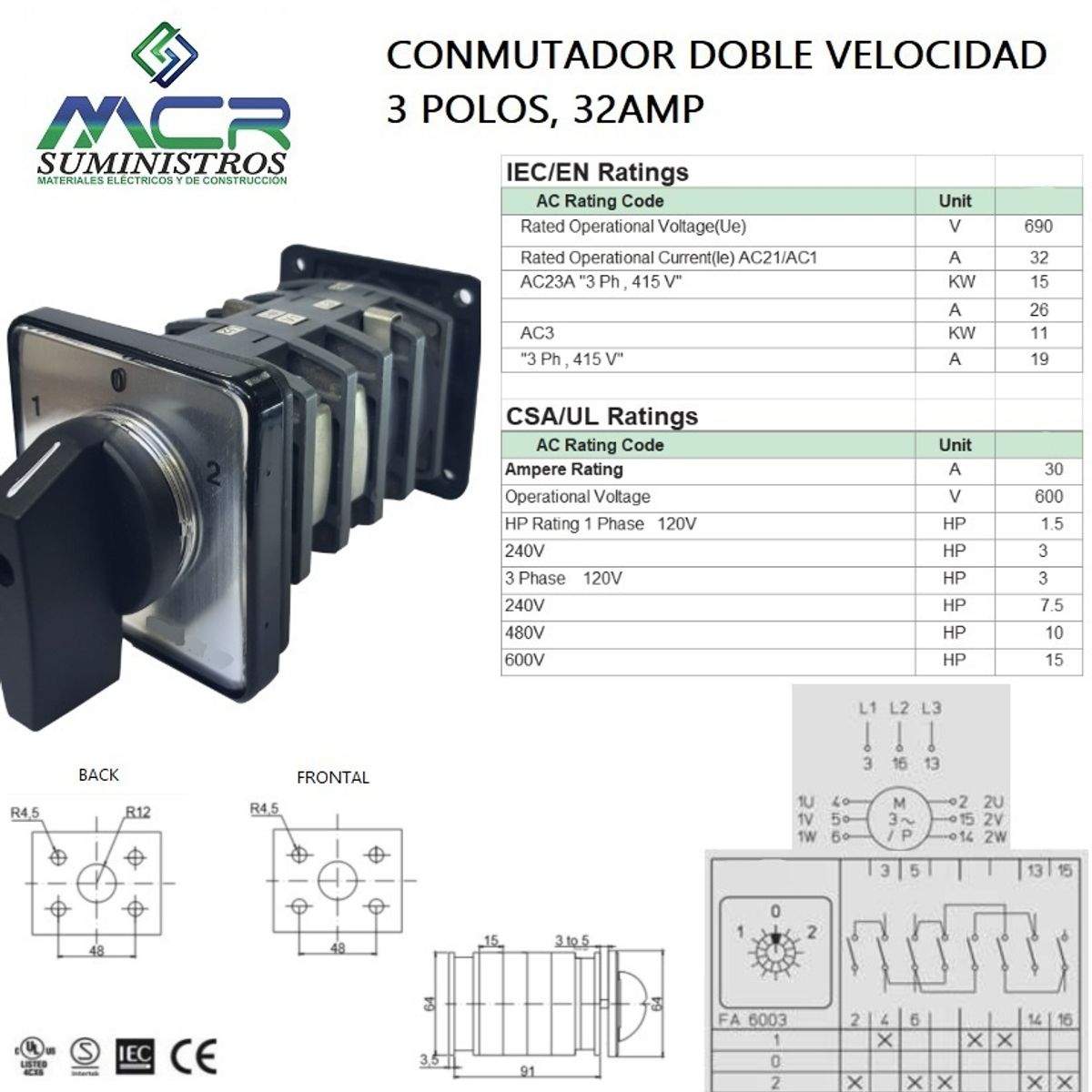 GENERICO - CONMUTADOR DOBLE VELOCIDAD 3 POLOS, 32 AMP (DAHLENDER)