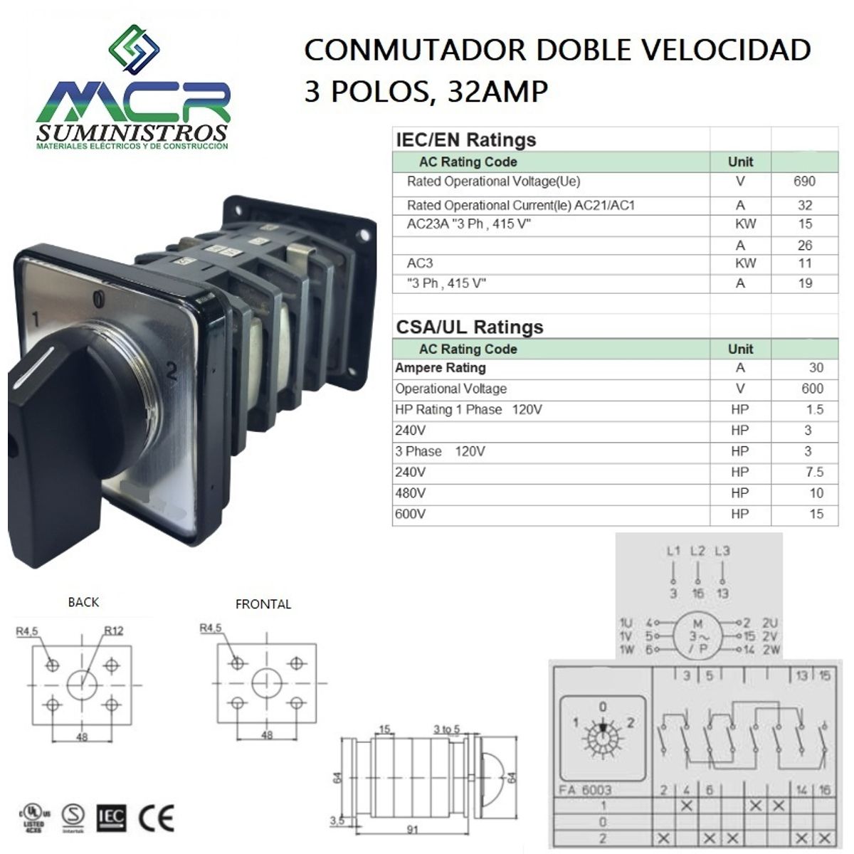 GENERICO - CONMUTADOR DOBLE VELOCIDAD 3 POLOS, 32 AMP (DAHLENDER)
