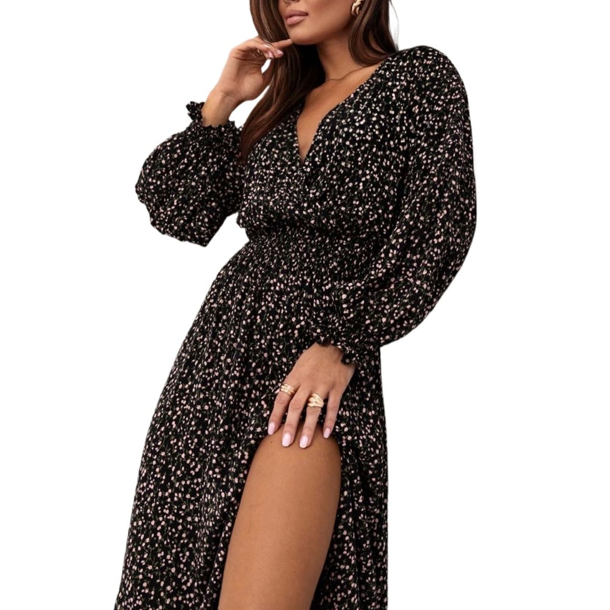 GIOIO - Vestido Estampado Escote V Manga Larga Abertura Figura Esbelta Negro