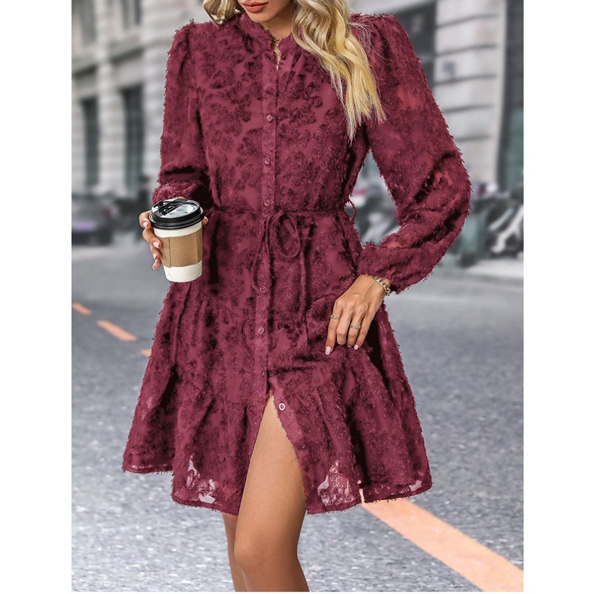 GIOIO - Vestido Encaje Elegante Retro Manga Larga Figura Esbelta ​Rojo