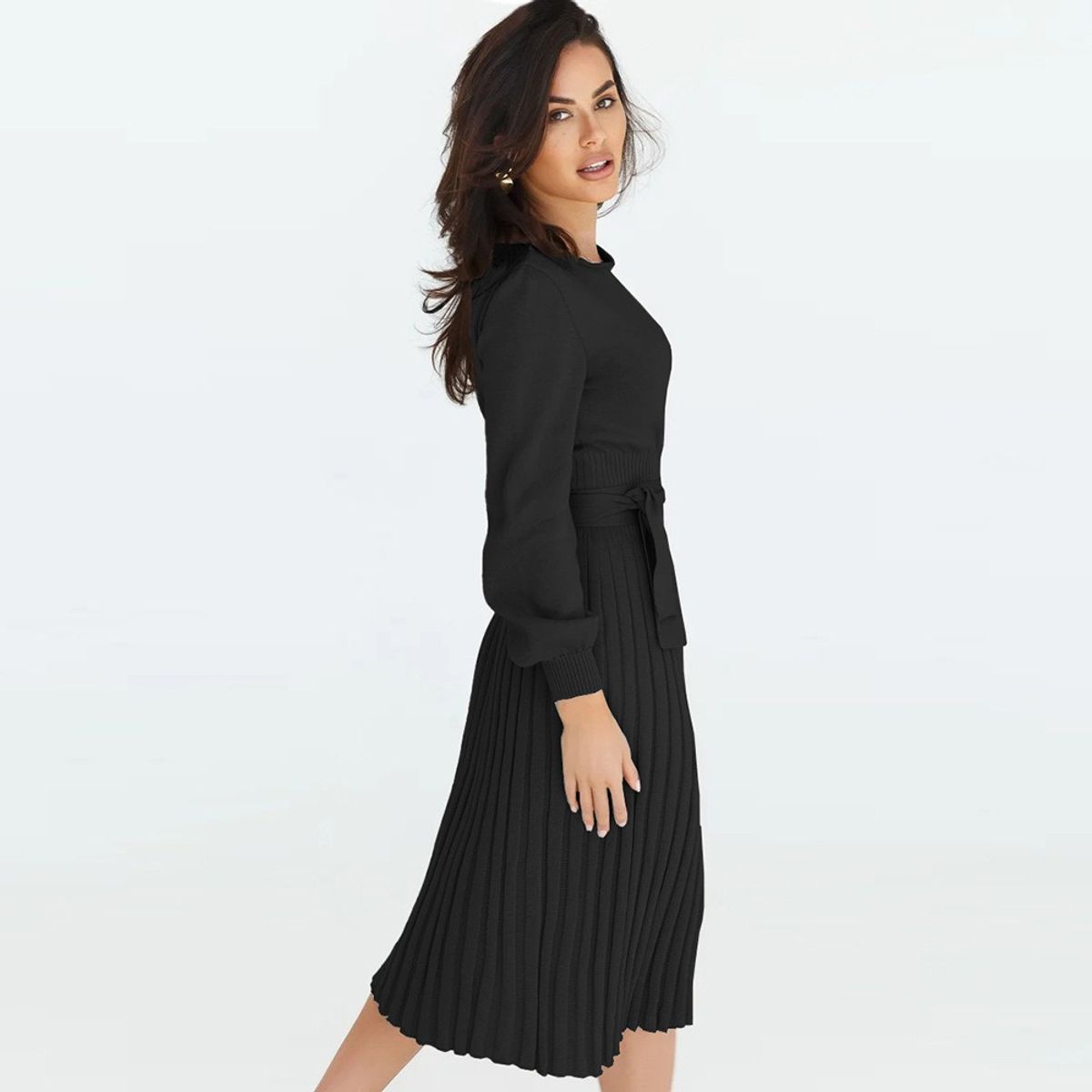 GIOIO - Vestido Punto Plisado Figura Esbelta Midilargo Básico​ Negro