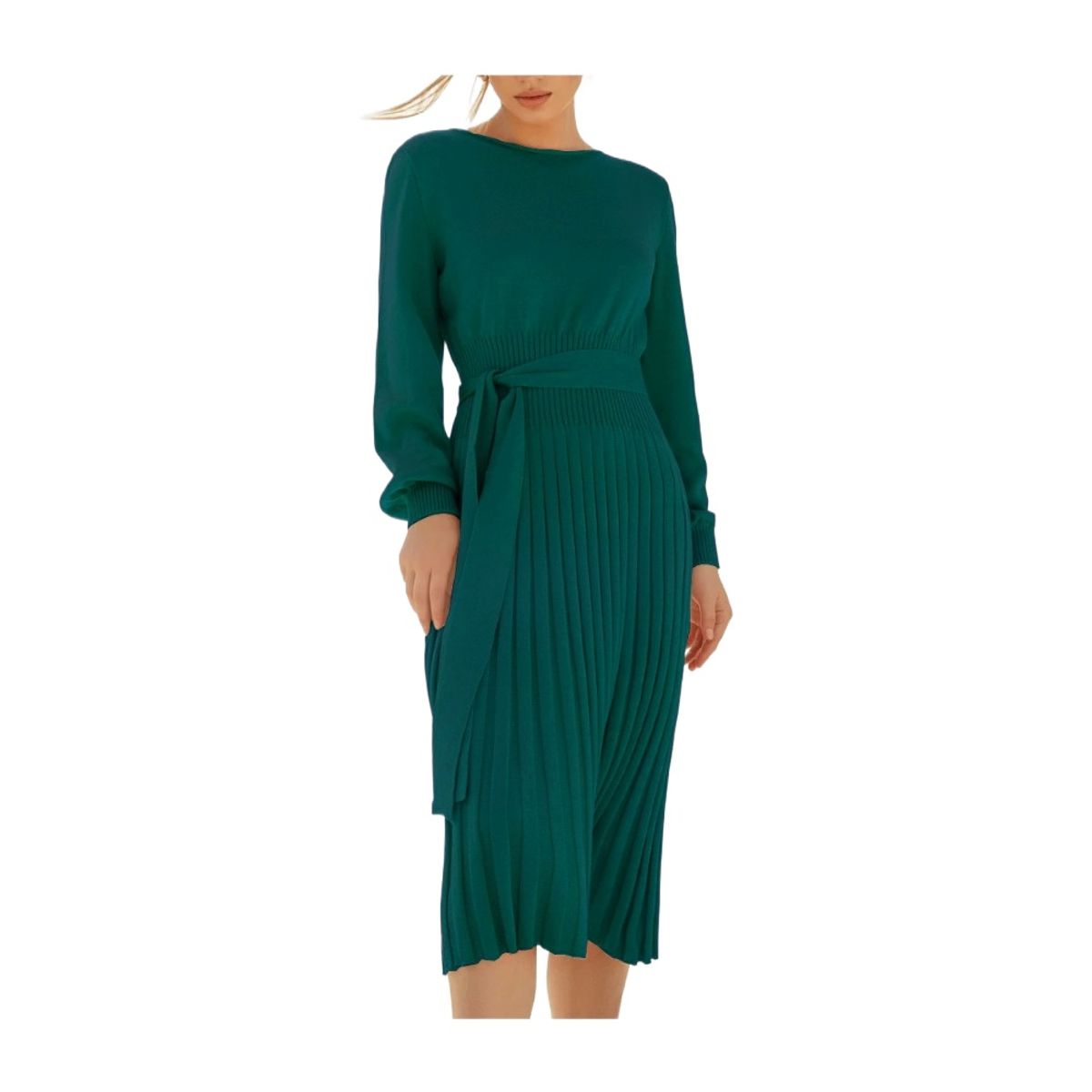 GIOIO - Vestido Punto Plisado Figura Esbelta Midilargo Básico​ Verde