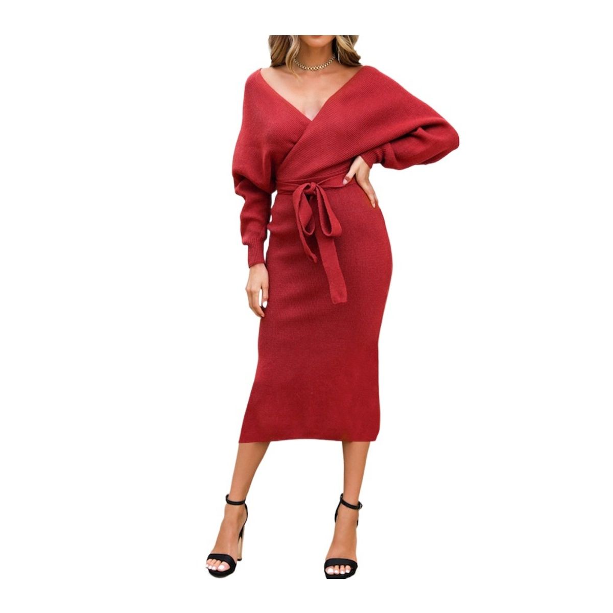 GIOIO - Vestido Punto Escote V Figura Esbelta Premium Urbano​ Rojo