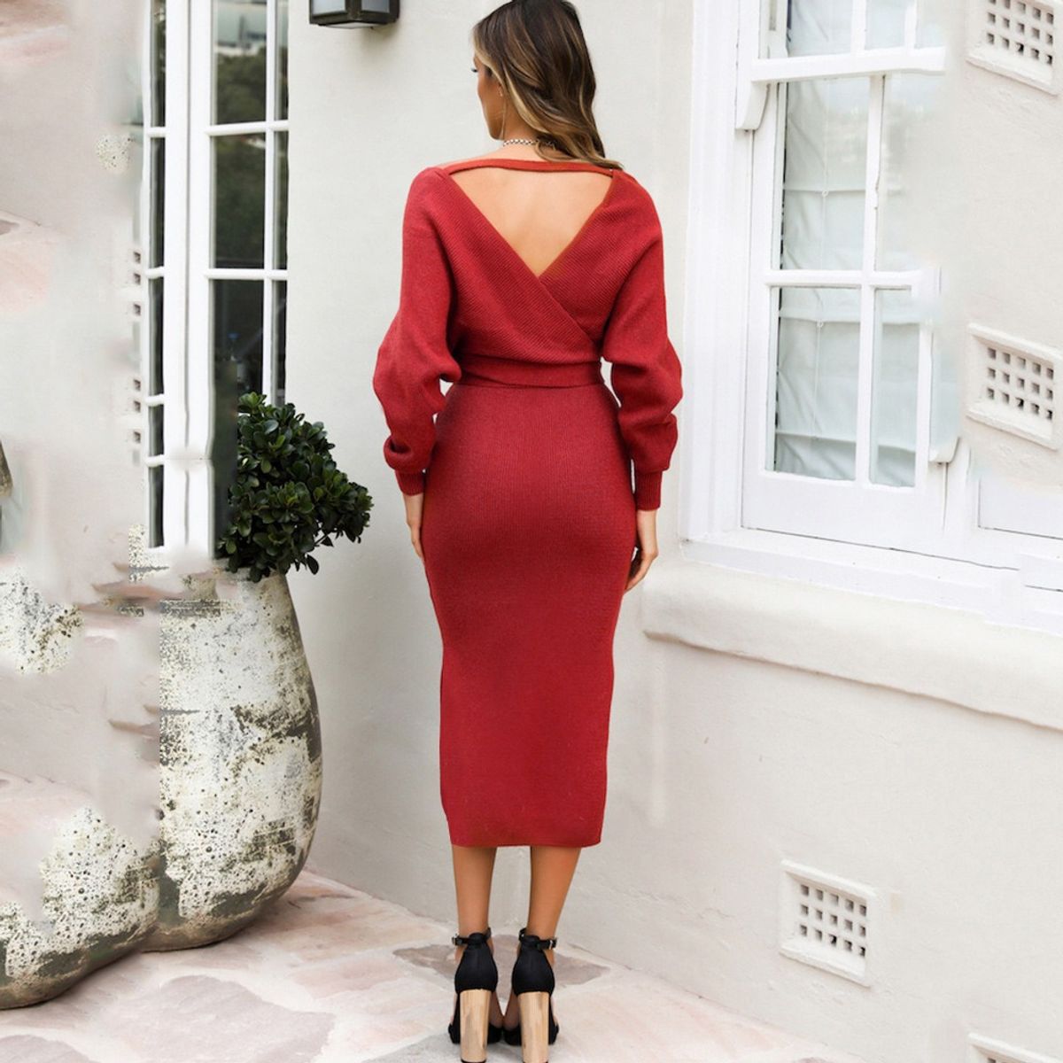 GIOIO - Vestido Punto Escote V Figura Esbelta Premium Urbano​ Rojo