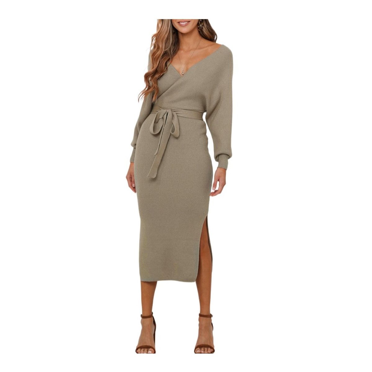 GIOIO - Vestido Punto Escote V Figura Esbelta Premium Urbano​ Marrón