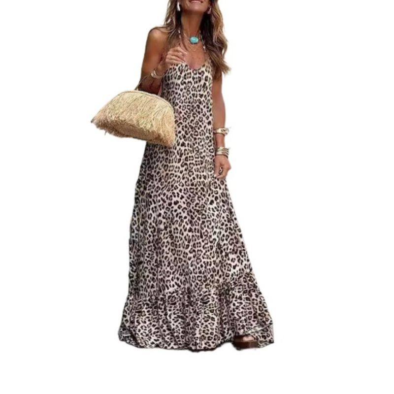 GIOIO - Vestido Leopardo Halter Escote V Espalda Descubierta Figura Esbelta
