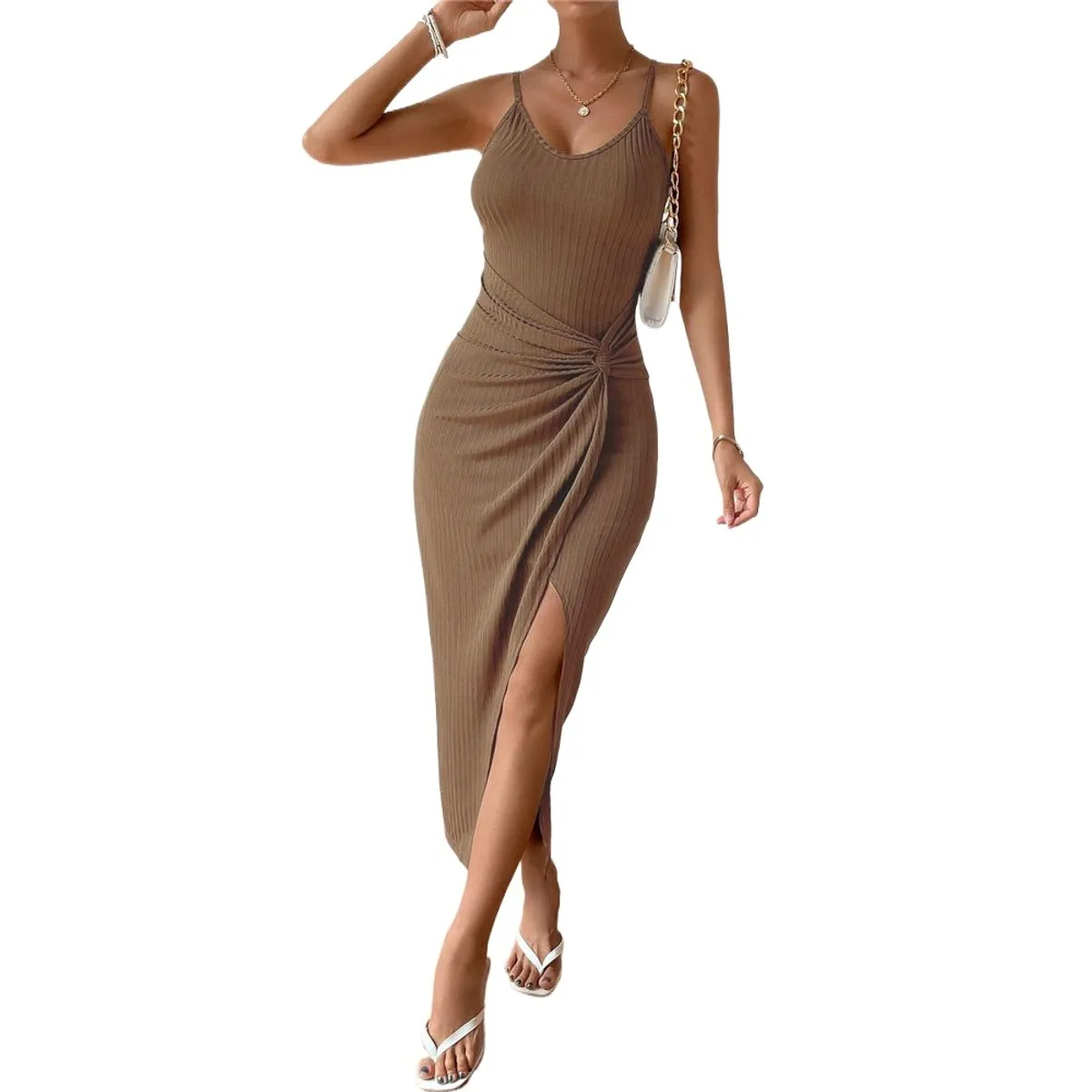 GIOIO - Vestido Floral Tirantes Finos Figura Esbelta Largo Elegante​ Marrón