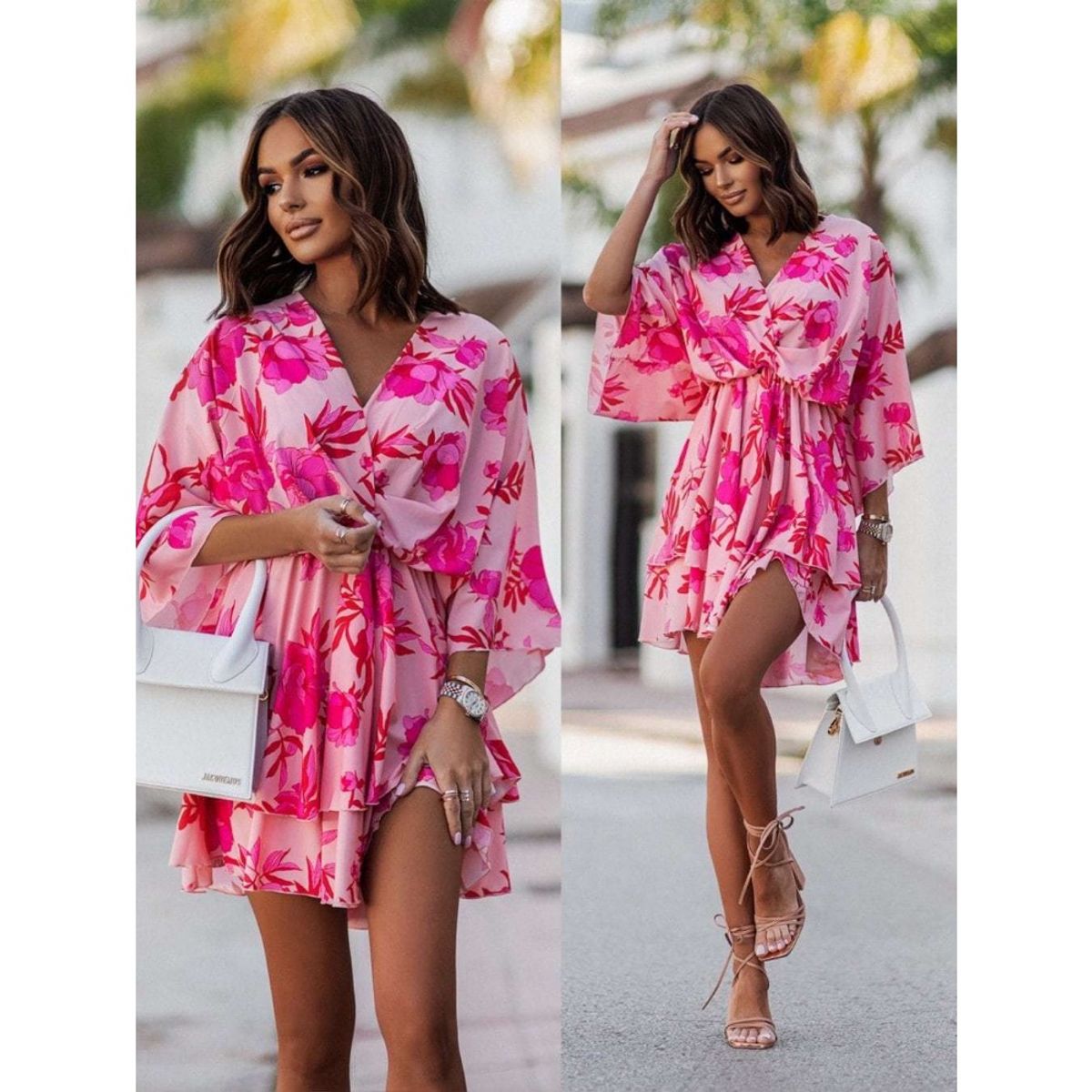 GIOIO - Vestido Corto Estampado Escote V Manga Murciélago Cintura Ajustada​