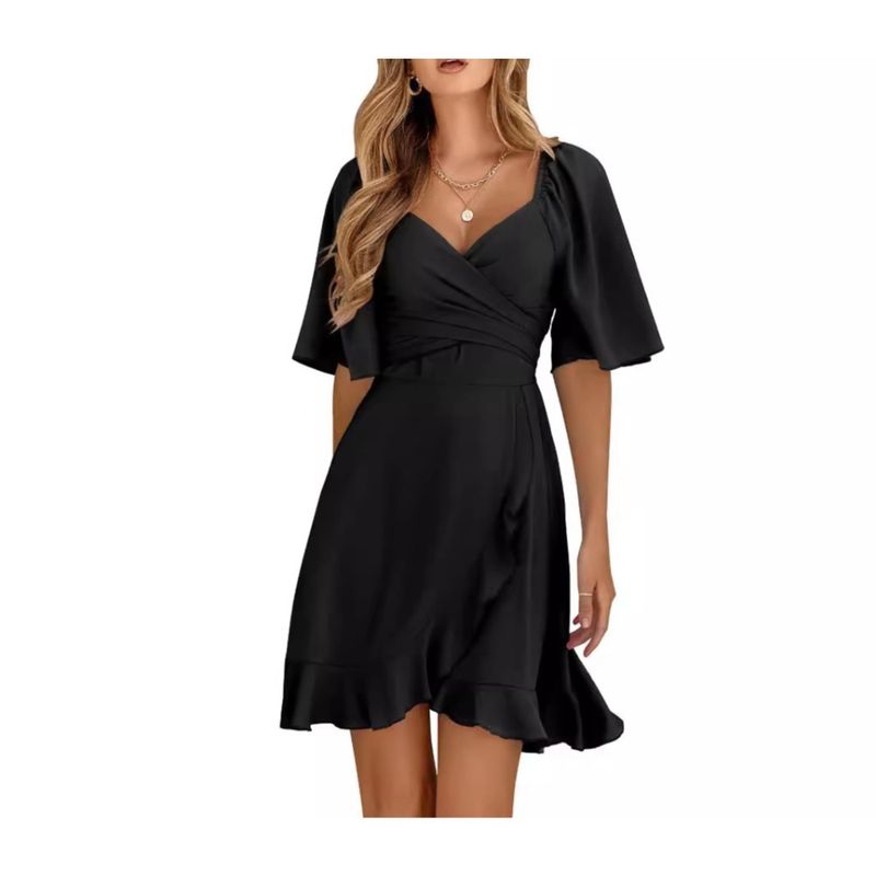 GIOIO - Vestido Liso Escote V Volantes Cintura Ajustada Fresco Verano​ Negro