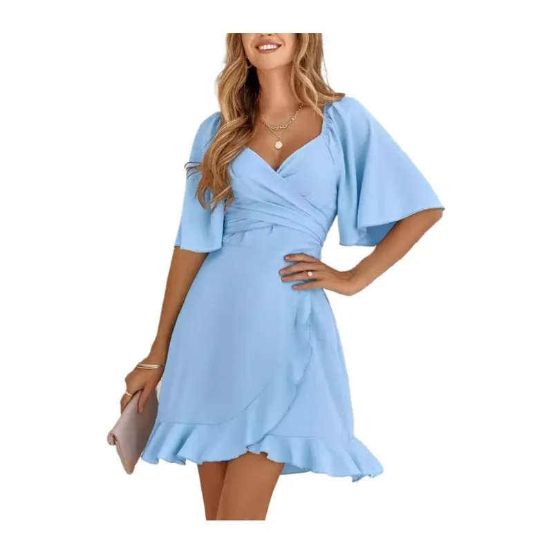 GIOIO - Vestido Liso Escote V Volantes Cintura Ajustada Fresco Verano​ Azul