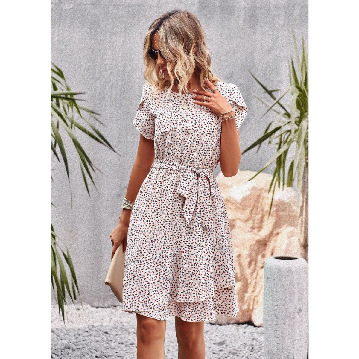 GIOIO - Vestido Elegante Cuello Redondo Lazos Ajustables Casual Figura Esbelta