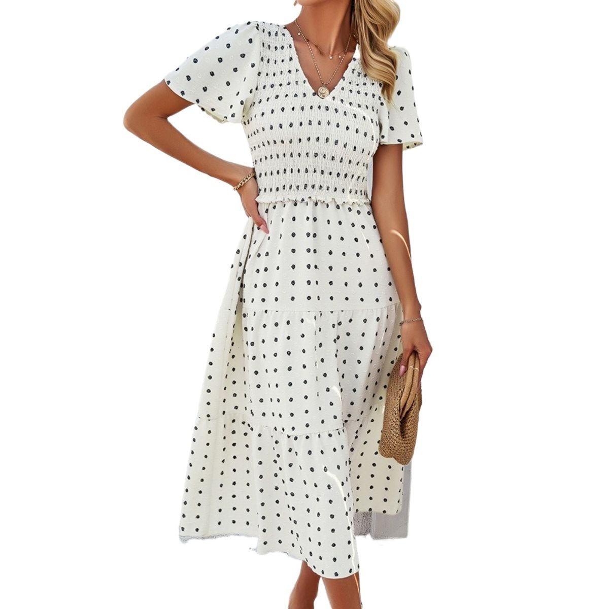 GIOIO - Vestido Lunares Escote V Manga Corta Casual Elegante Figura Esbelta​