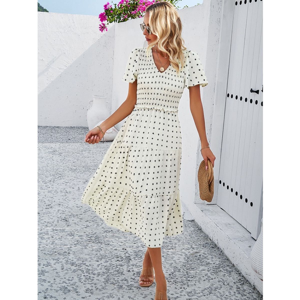 GIOIO - Vestido Lunares Escote V Manga Corta Casual Elegante Figura Esbelta​