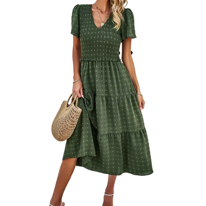 GIOIO - Vestido Lunares Escote V Manga Corta Casual Elegante Figura Esbelta​