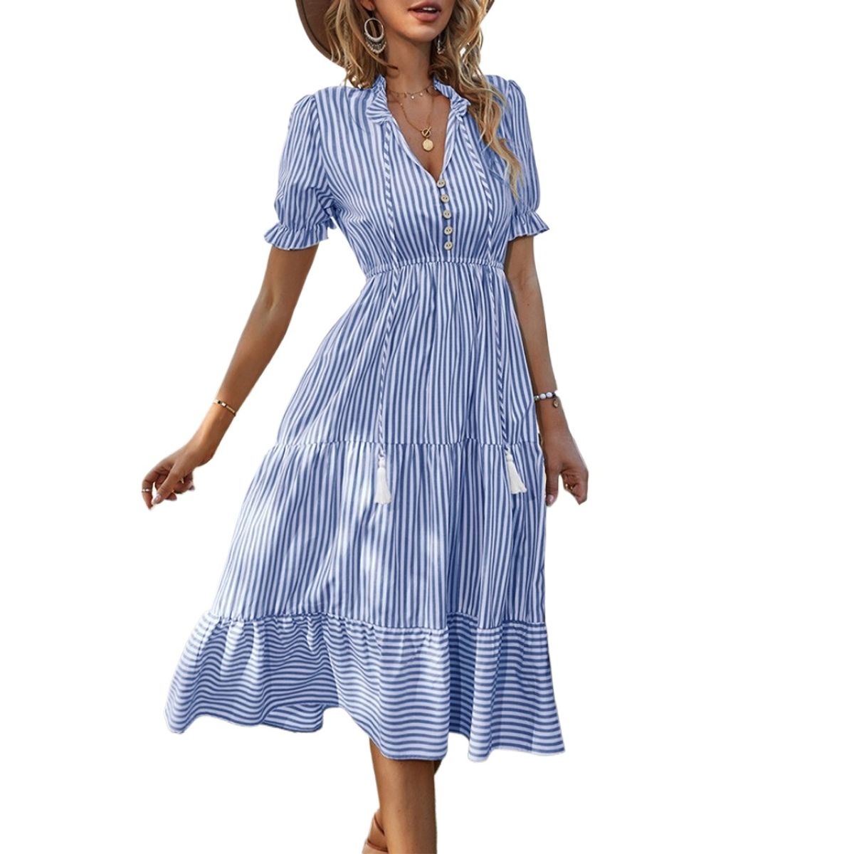 GIOIO - Vestido Rayas Diseñador Figura Esbelta Urbano Elegante​ Azul