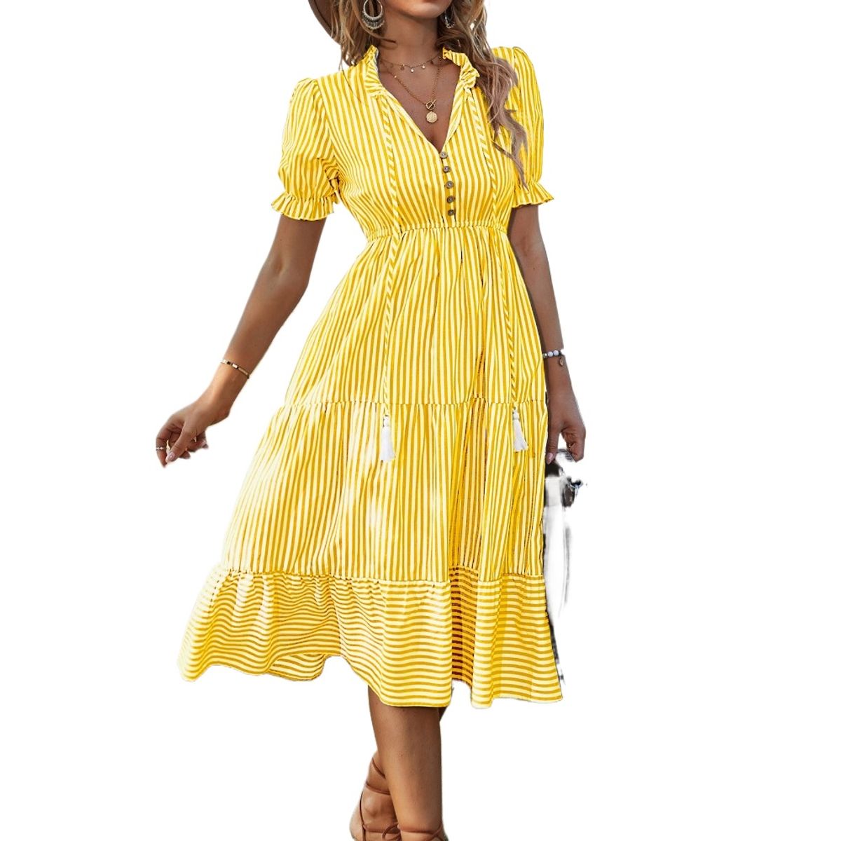 GIOIO - Vestido Rayas Diseñador Figura Esbelta Urbano Elegante​ Amarillo