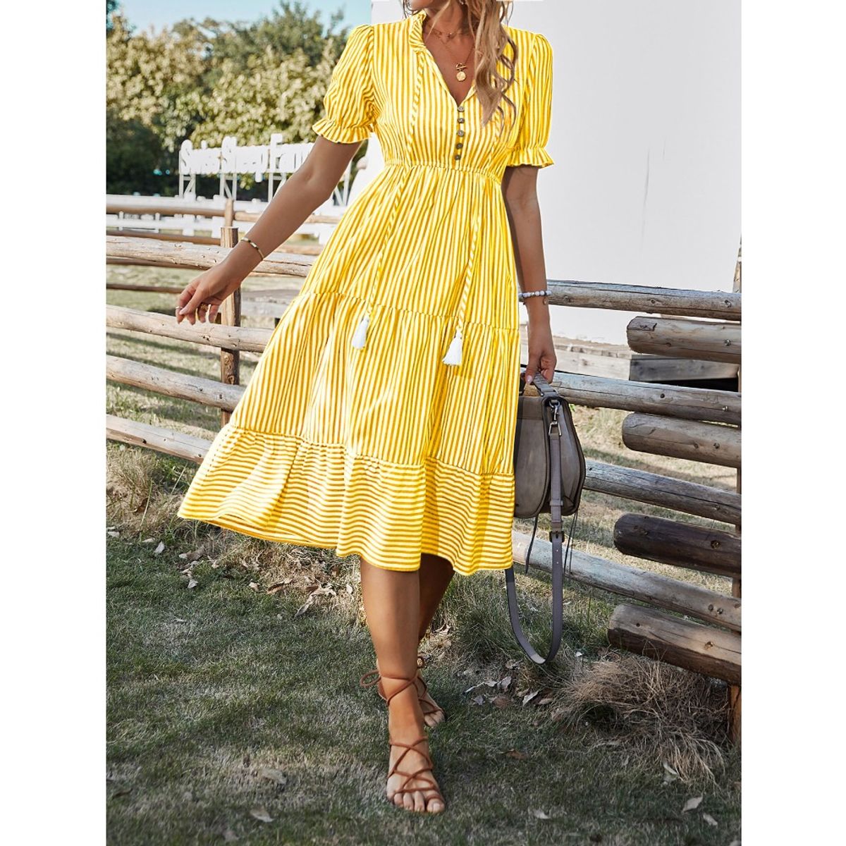 GIOIO - Vestido Rayas Diseñador Figura Esbelta Urbano Elegante​ Amarillo